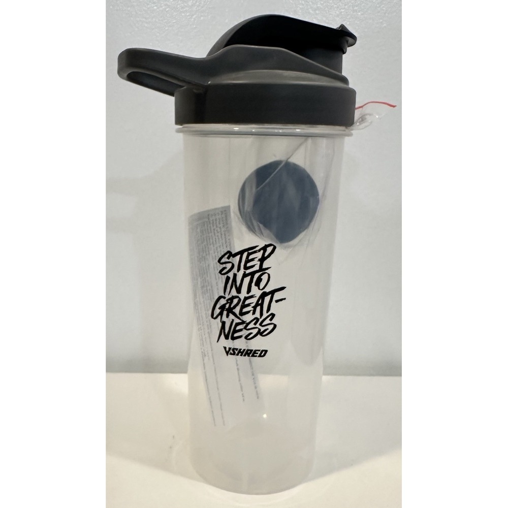 VShred Gym Motivation Step into Greatness 24oz Protein Shaker Bottle Clear Black